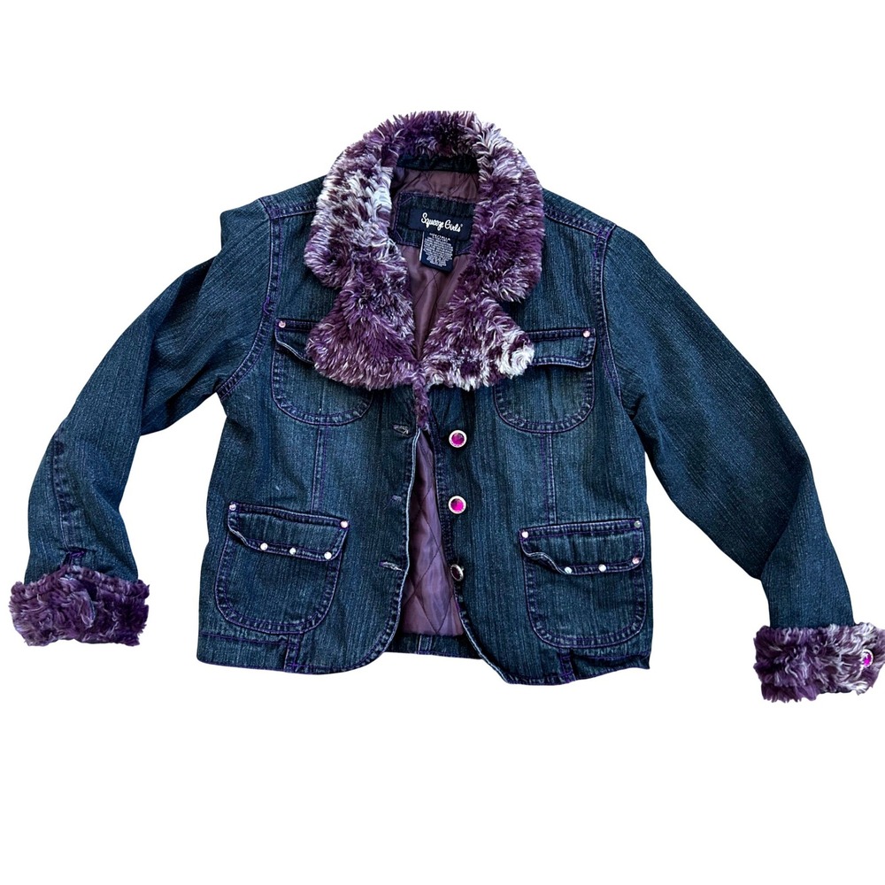 Squeeze Girls Kids Y2K Denim Jacket Purple Faux‎ Fur Trim Rhinestone Buttons L